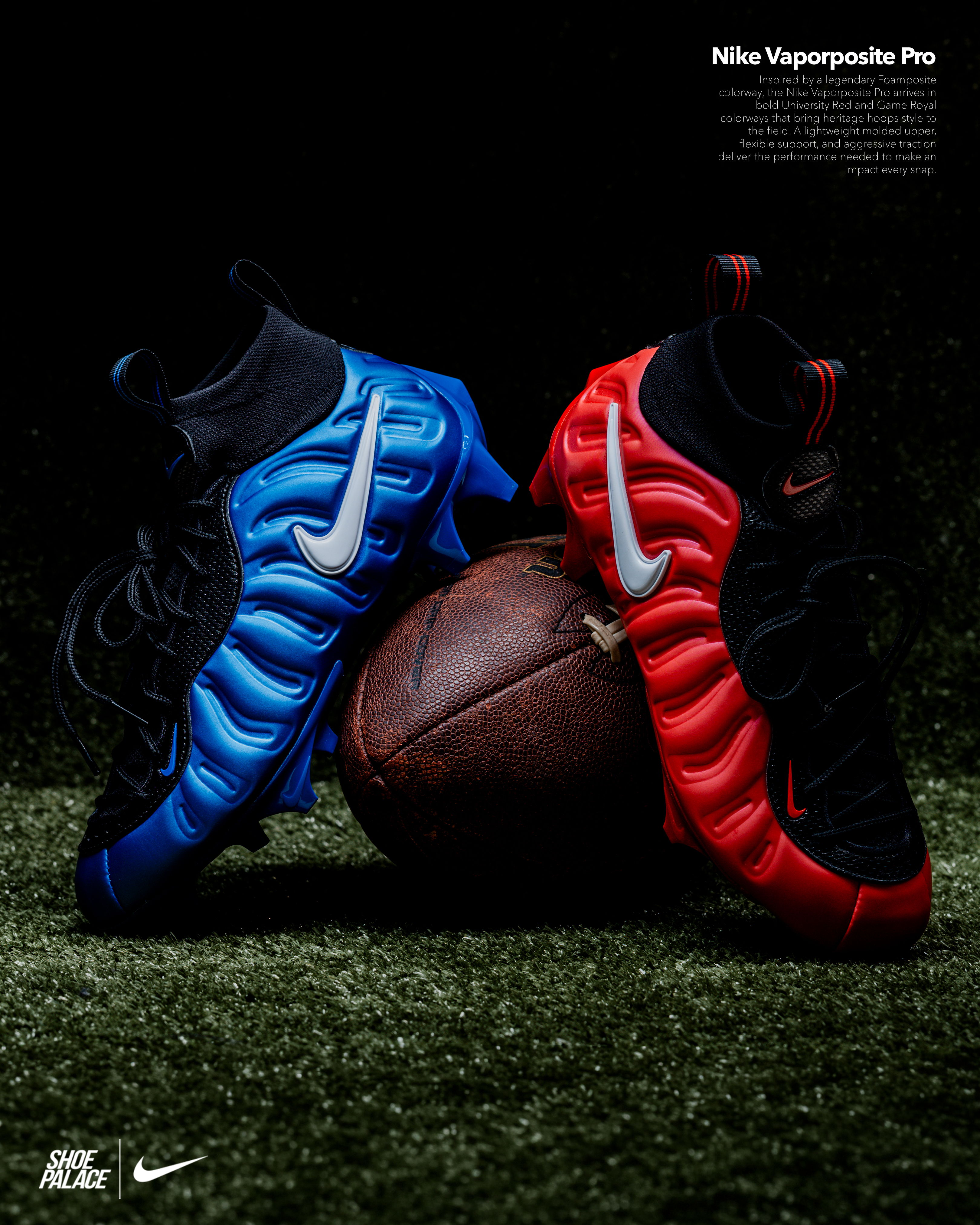 Nike Vapor Untouchable Pro cleats in blue and red next to a football.