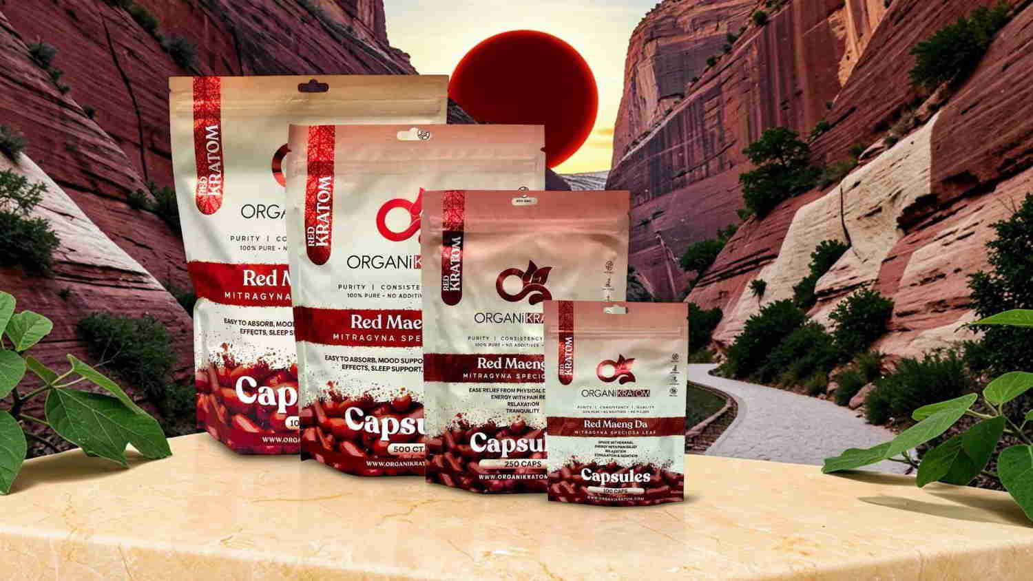 Various packaged products displayed in a scenic canyon background.