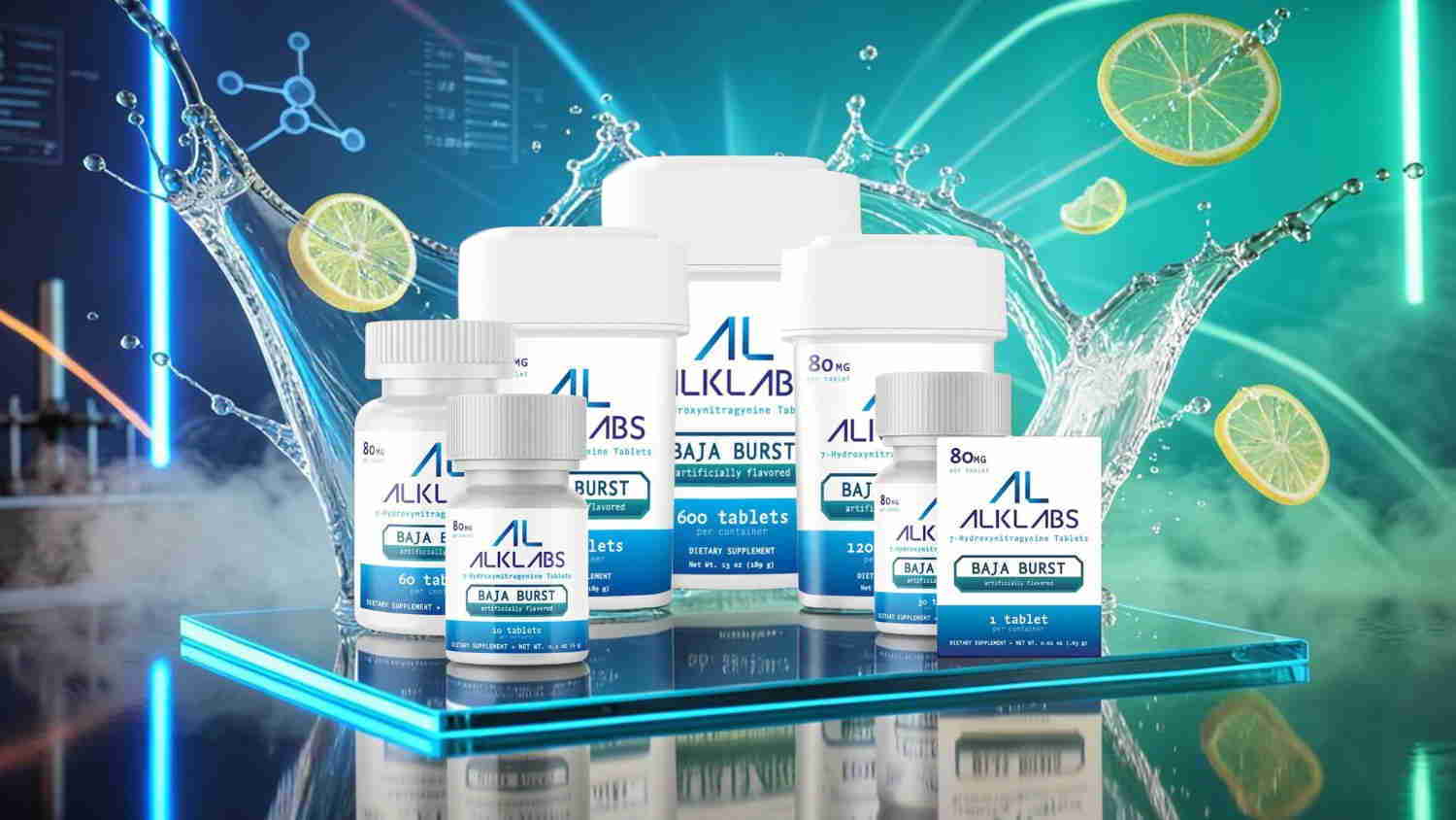 Various health supplement bottles displayed with colorful abstract background.