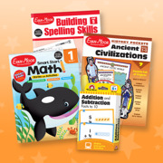 Four workbooks featuring math, spelling, and ancient civilizations.
