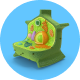 Colorful, stylized chair with various shapes and textures on a blue background.