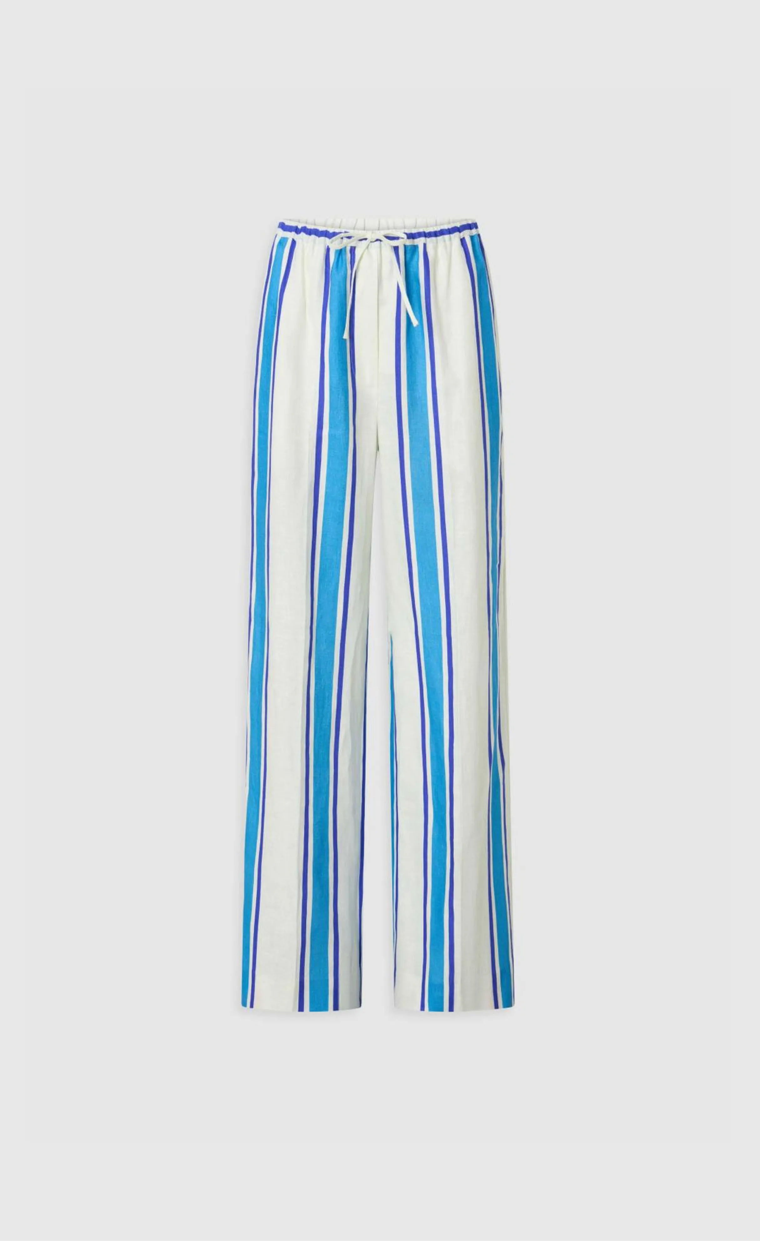 Striped blue and white wide-leg pants with an elastic waistband.