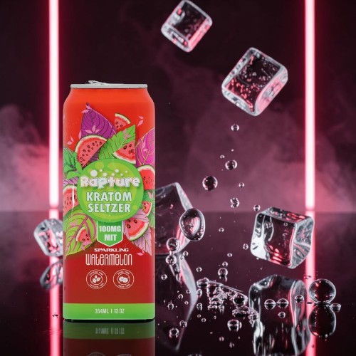 A can of watermelon seltzer with ice cubes and neon lighting.