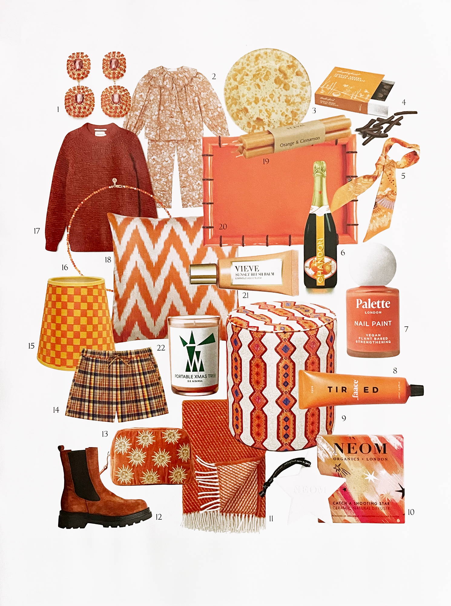 A collage of lots of different products in Red Magazine an orange colourway featuring our Jasmine scarf and Hannah boots