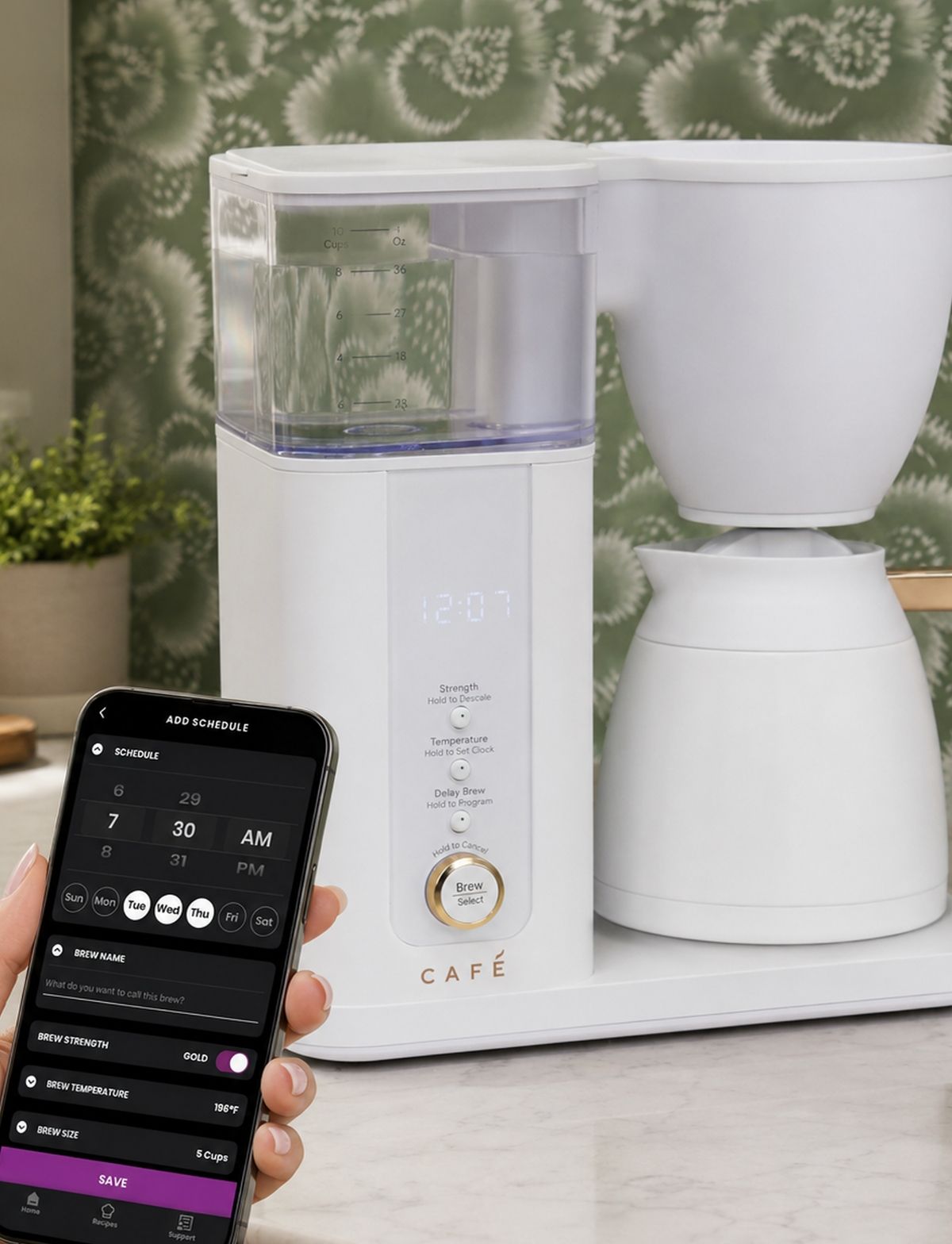 A coffee maker with a smartphone app for remote control.