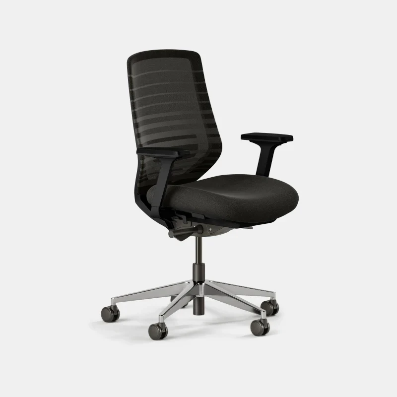 Black ergonomic office chair with adjustable armrests and rolling base.
