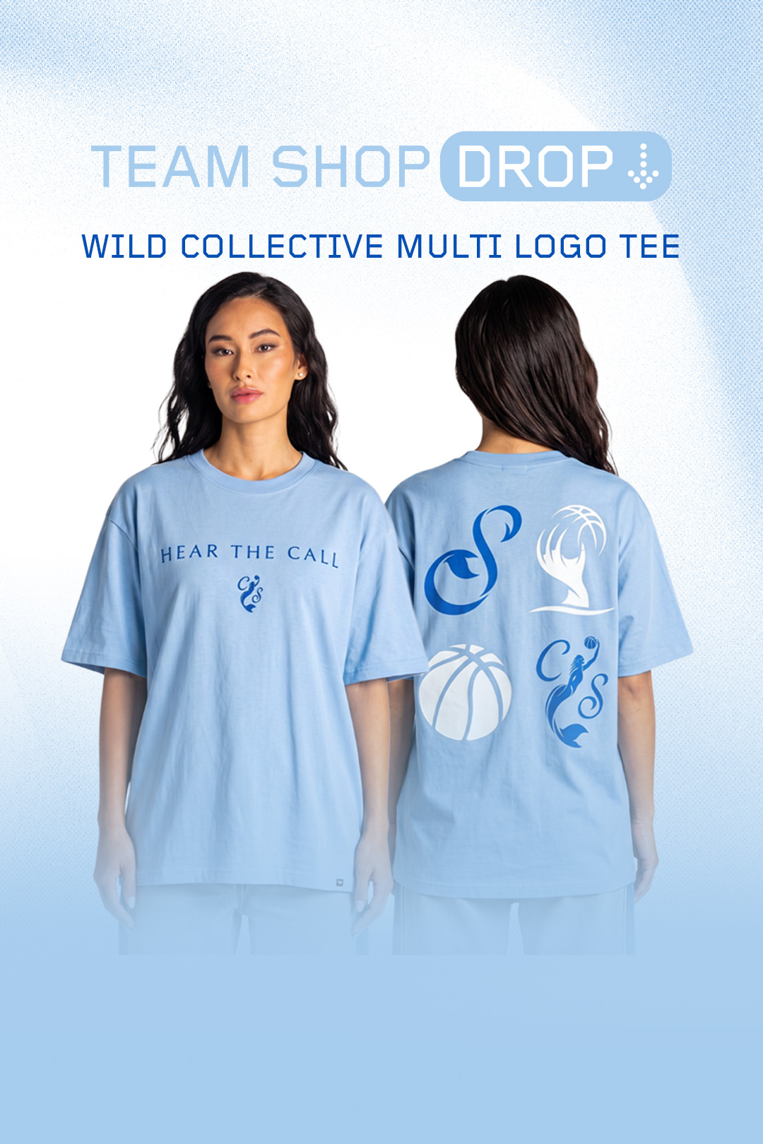 Model wearing a light blue multi-logo t-shirt, front and back view.
