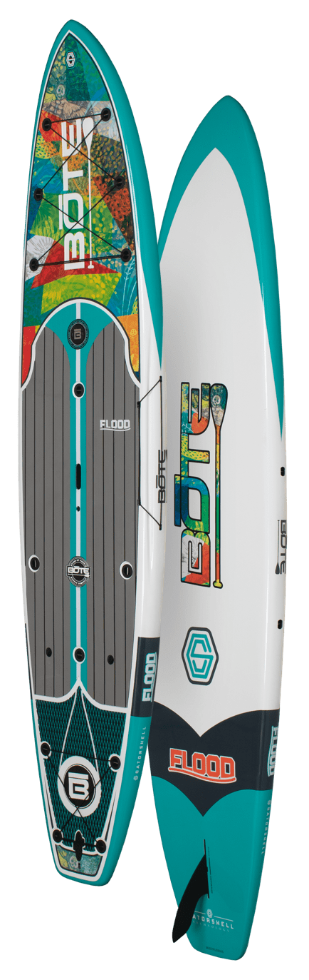 Front and back of the Flood 12′ Native Patchwork Paddle Board