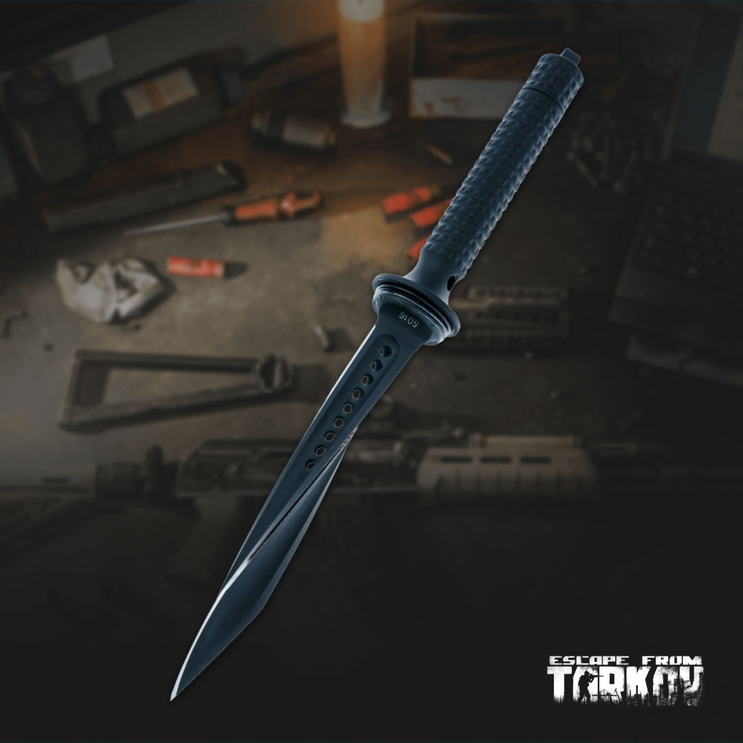A black knife with a textured grip on a dark background.