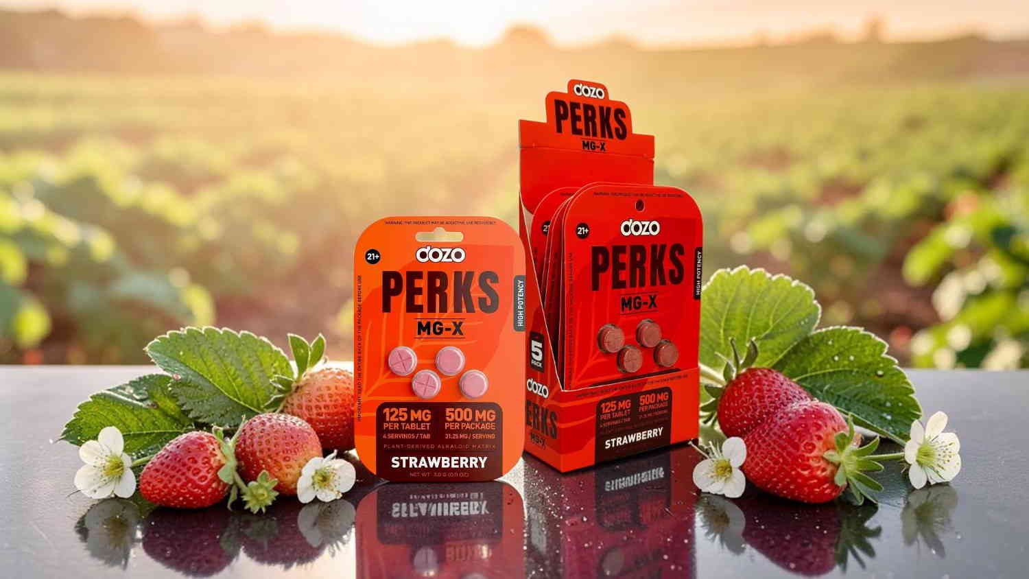 Two boxes of candy with strawberries in a field at sunset.