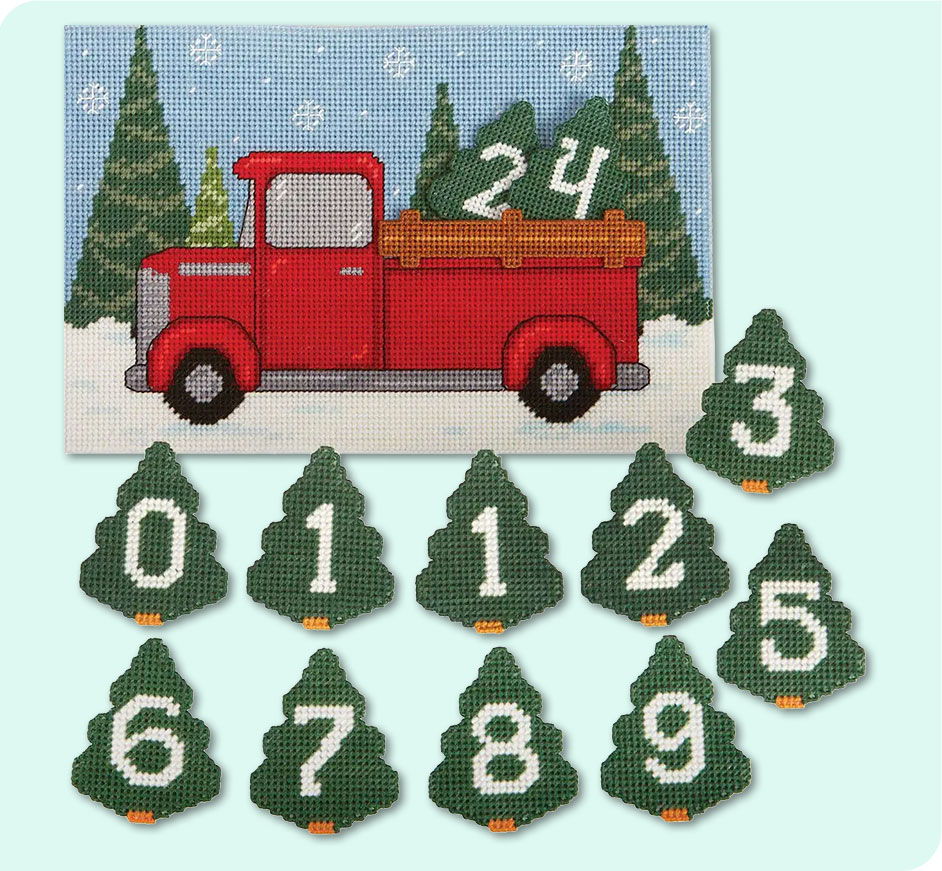 Little Red Truck Hauling a Christmas Tree Plastic Canvas Advent Calendar