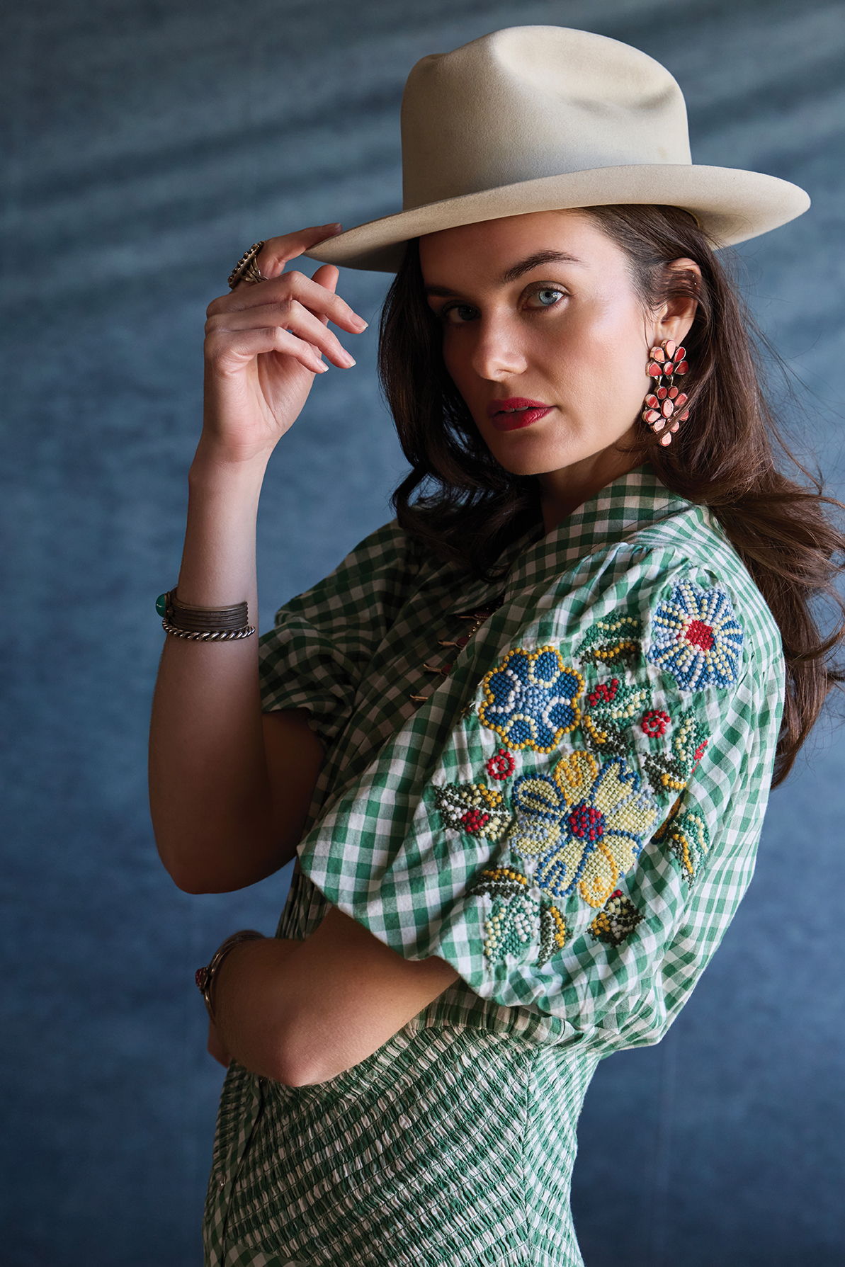 Kaylin wearing the Tea Party Dress with Double D Ranch jewelry and accessories.