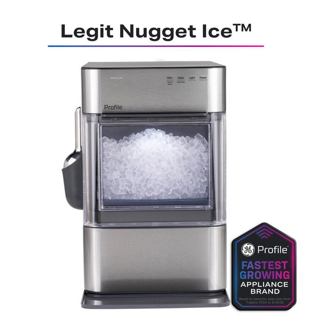 Nugget ice maker with ice compartment and brand logo.