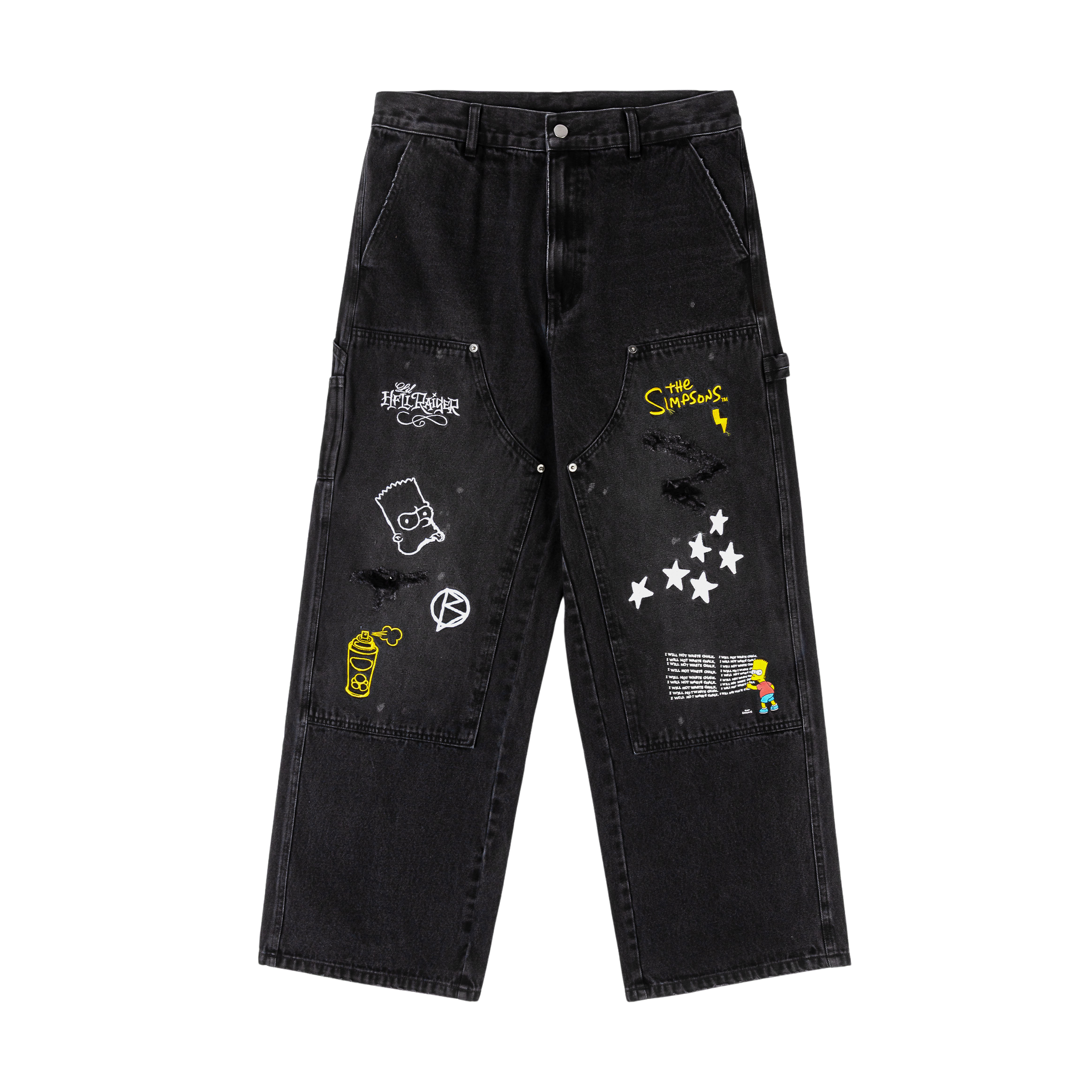 Black baggy jeans with various patches and distressed details.