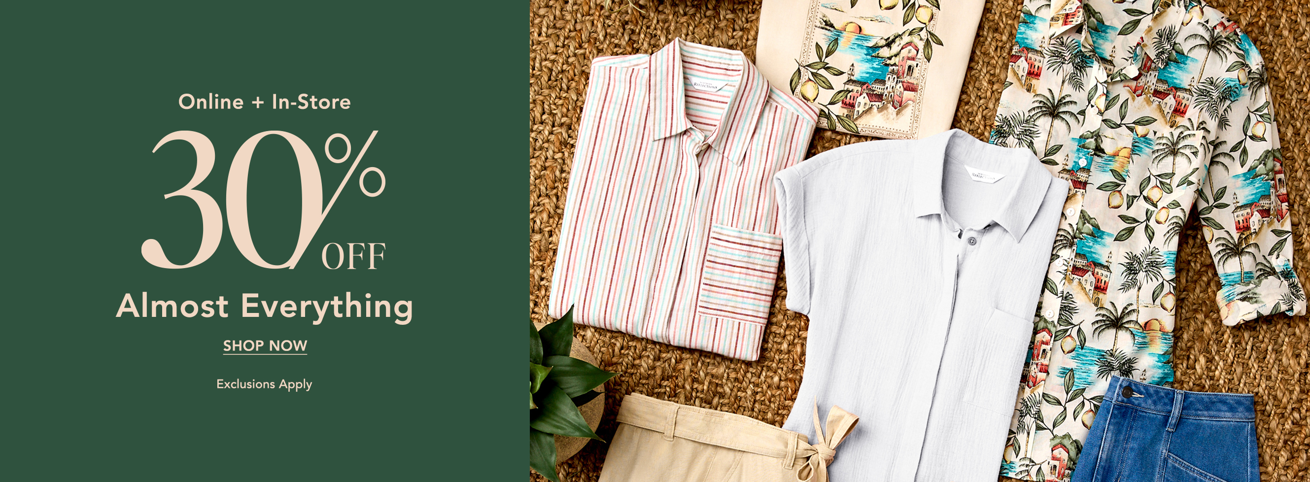Promotional image featuring clothing and a discount offer