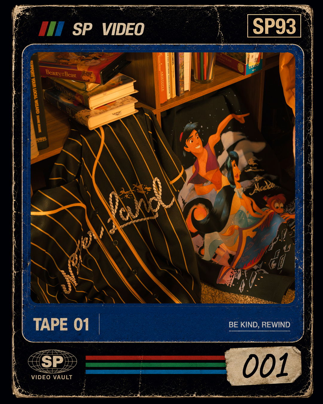 Vintage video tape cover with books and art in the background.