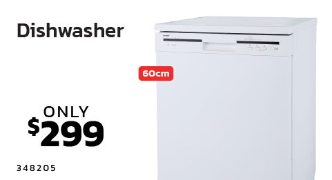 White dishwasher with price and dimensions displayed.
