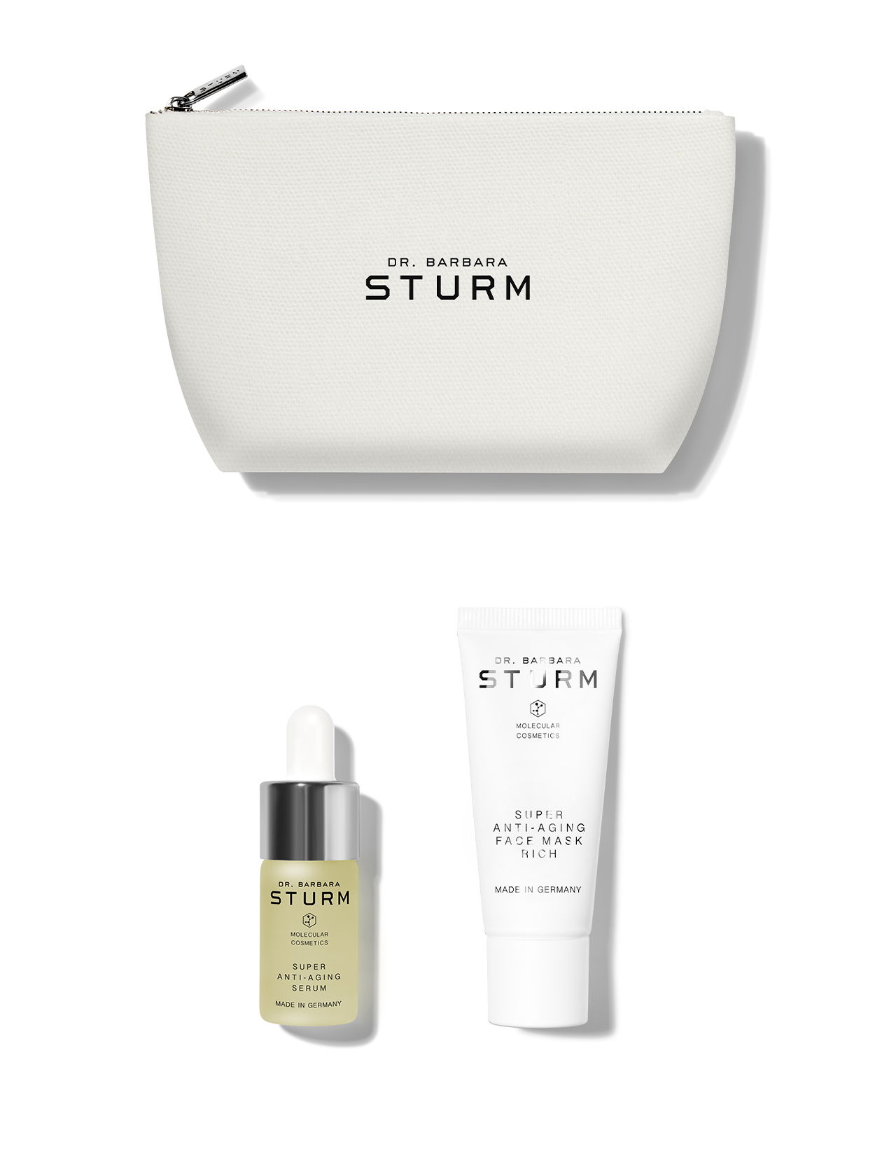 Skincare products and pouch from Dr. Barbara Sturm.