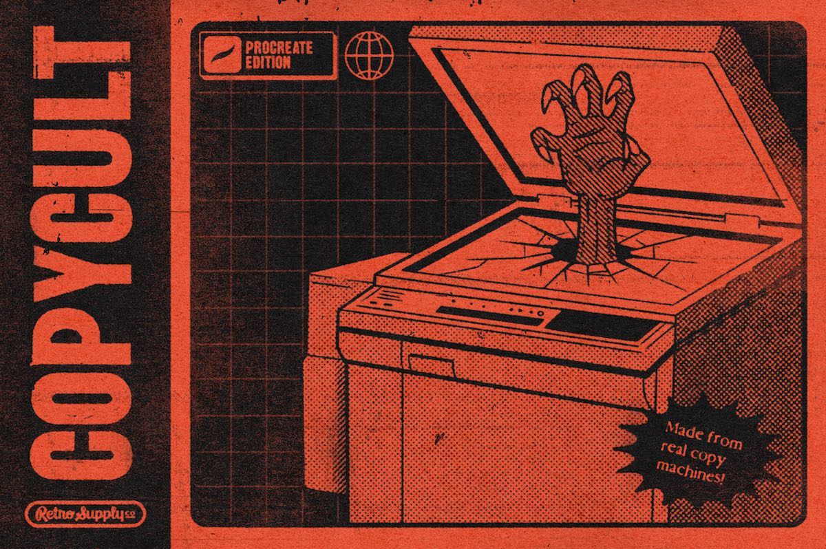 A hand emerging from a photocopier, with a red and black design.