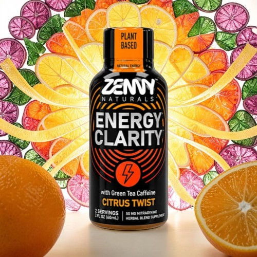 Zenny Energy Clarity drink surrounded by colorful citrus fruits.