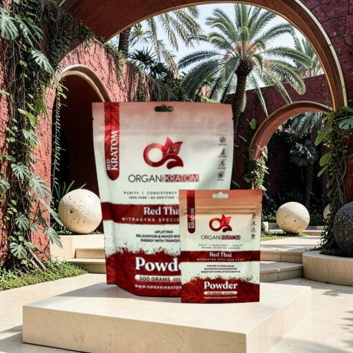Packaging of red tea powder products in a tropical setting.