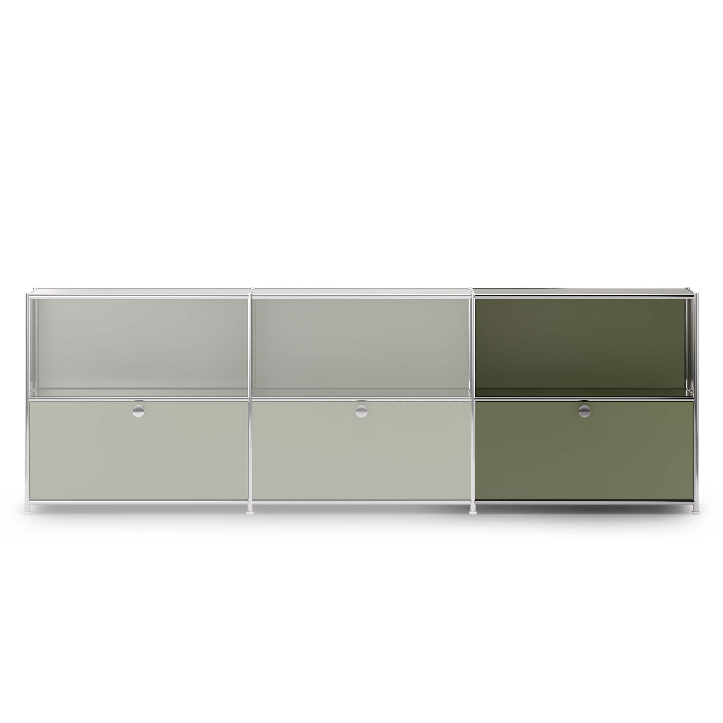The " Cubox " Expansion Set on an ofinto " Cubox " sideboard with two shelves in olive green