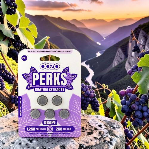 A package of Ozo Perks supplements in a scenic mountain background.