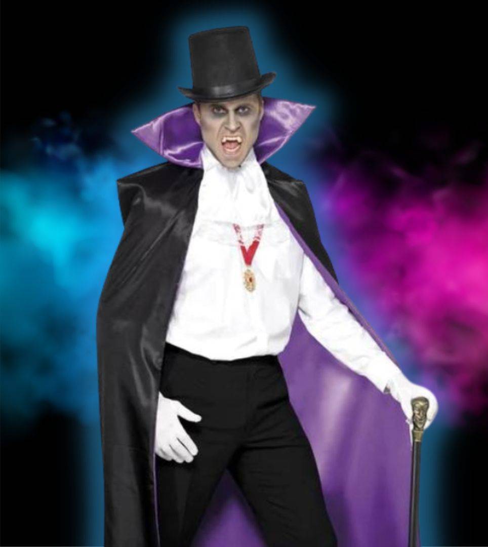 Man in purple and black vampire costume on purple, blue and black background. Shop vampire costumes.