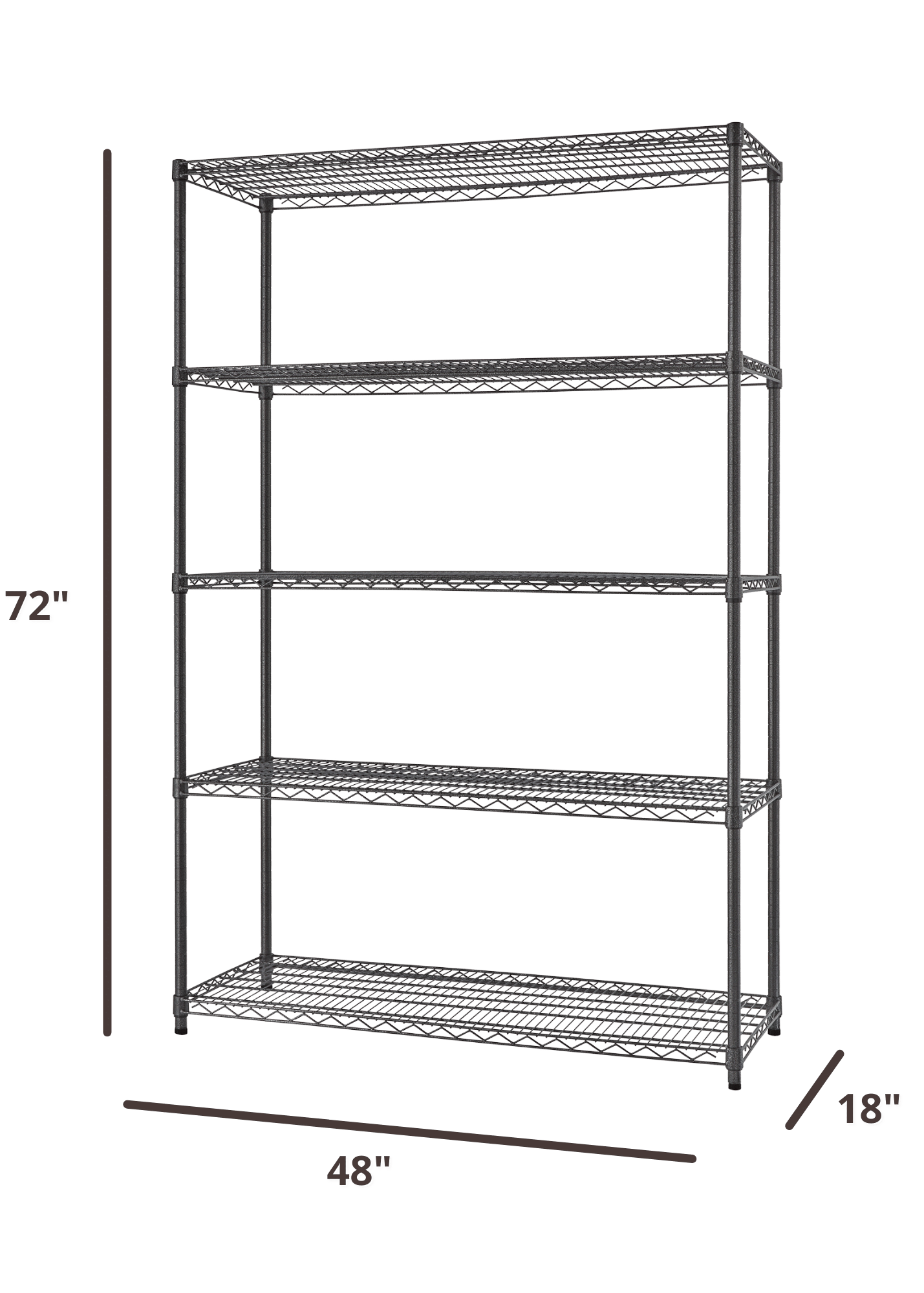 48 inches wide by 72 inches tall wire shelving rack with 5 shelves