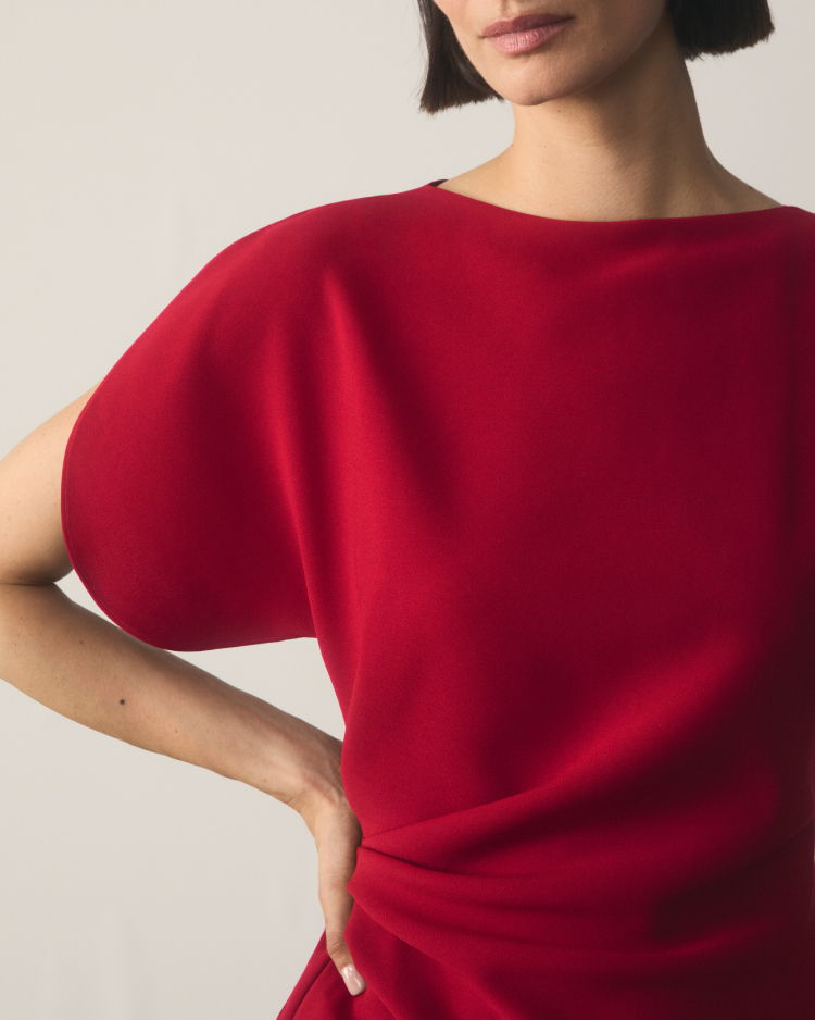Model wearing deep red Salerno dress