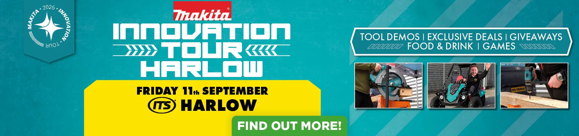 Event banner for the Innovation Tour in Harlow, featuring activities and promotions.