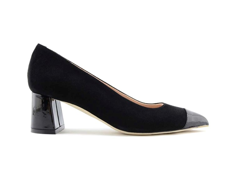 Black high-heeled shoe with a transparent block heel and pointed toe.