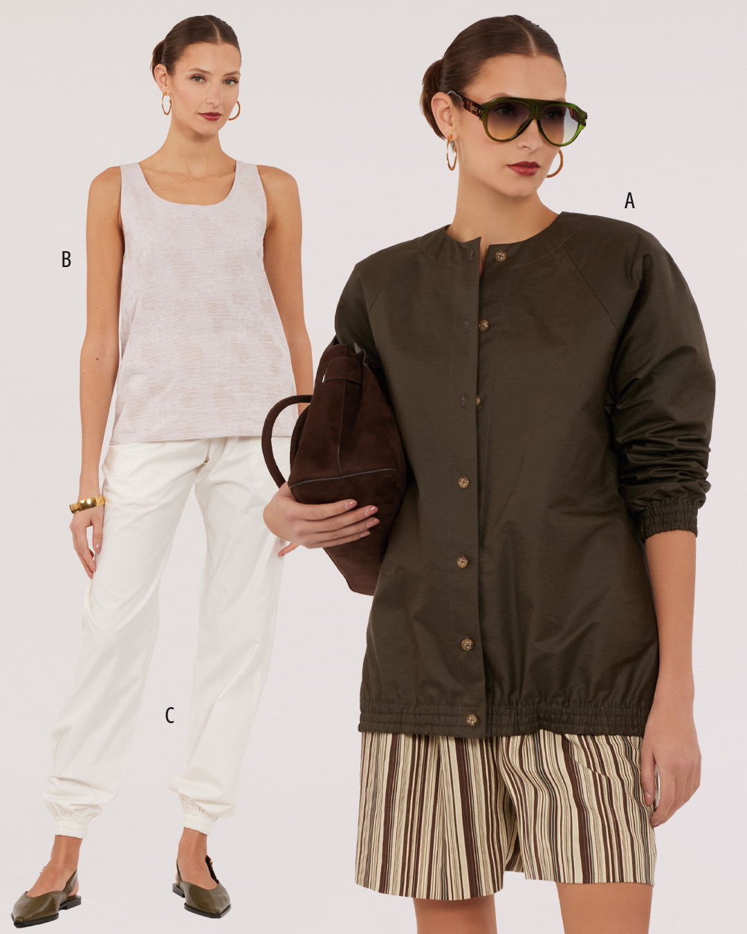 Two models displaying casual fashion outfits. One wears a tank top, another a jacket.