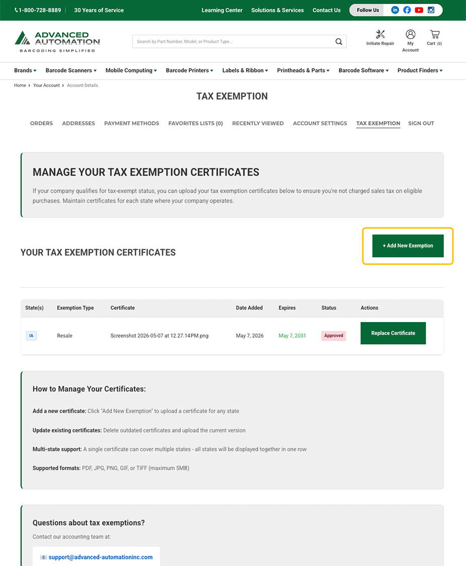 Tax exemption management page with certificate details and options.