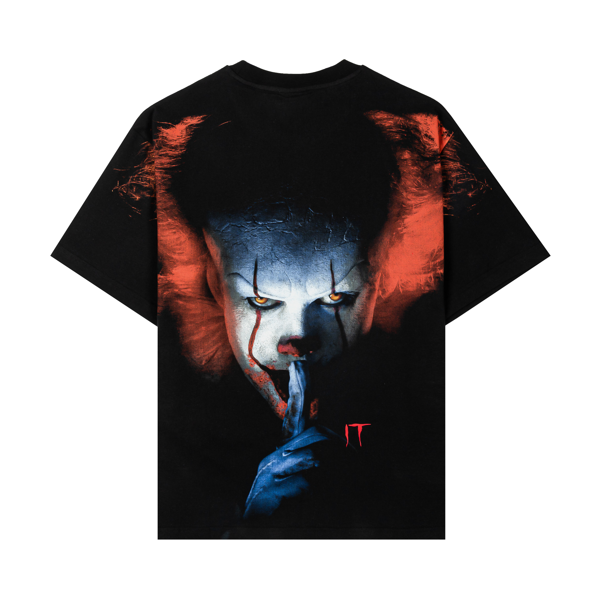 Black t-shirt with red graphic and text design.