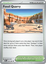 Fossil Quarry Pokémon card with desert landscape and gameplay instructions.