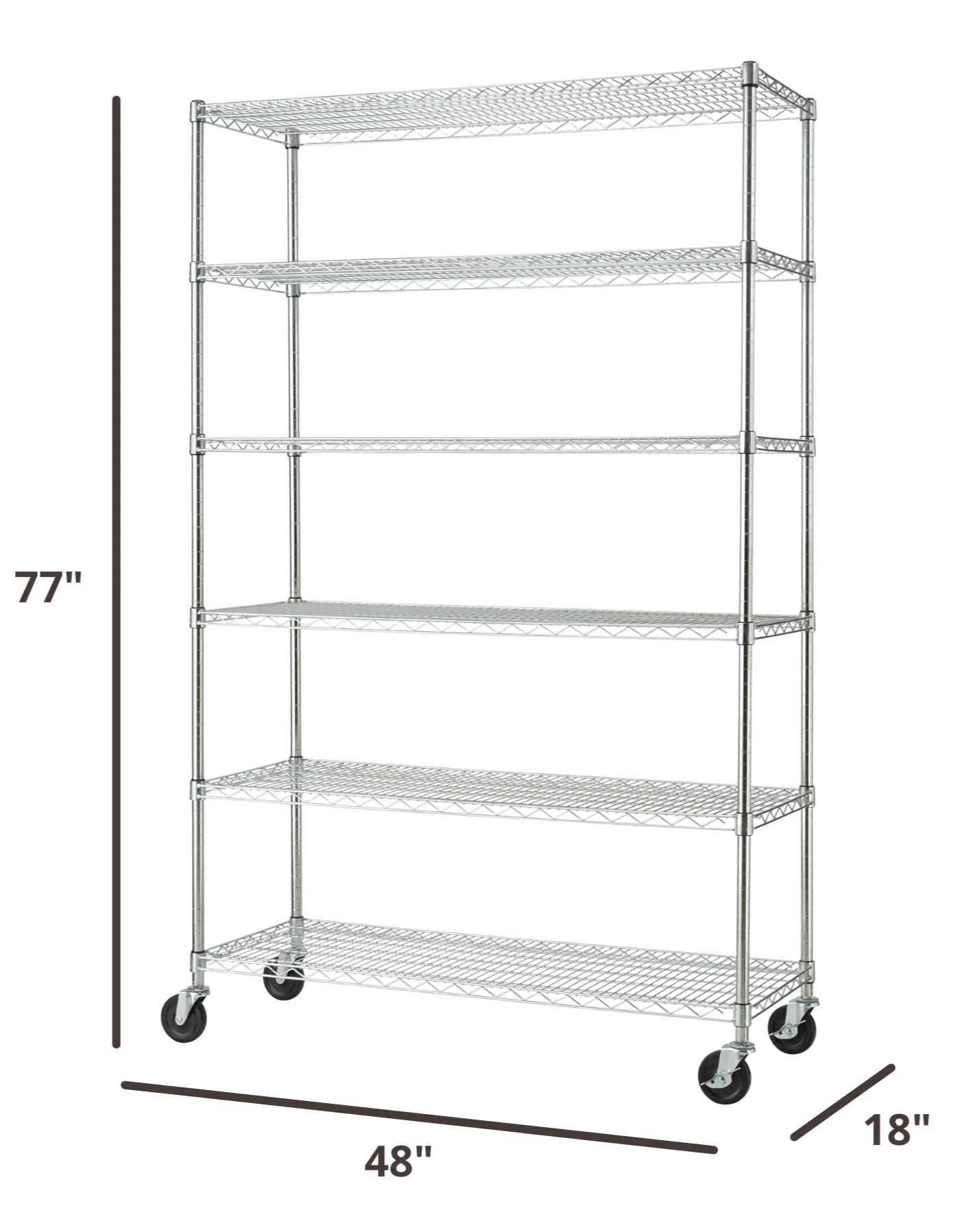 77 inches tall by 48 inches wide chrome wire shelving rack with wheels