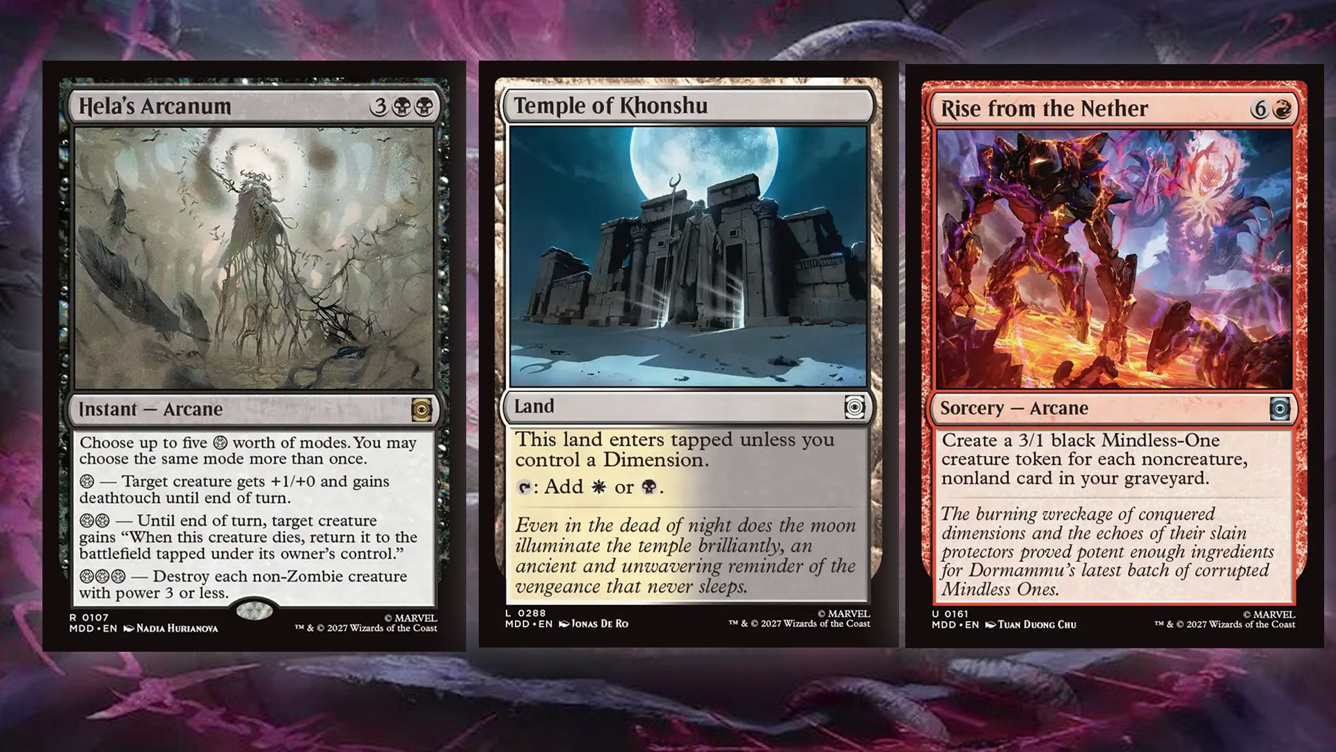 Three Magic: the Gathering cards showing off the Arcane and Dimension mechanics from Darkhold Destiny.