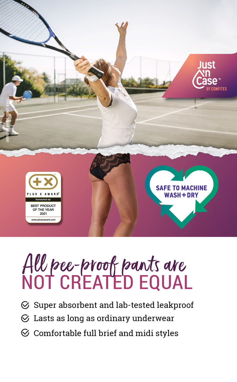 tennis woman wearing Just'nCase everyday absorbent pee-proof panties 