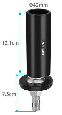 Black cylindrical object with measurements and branding, possibly a camera accessory.