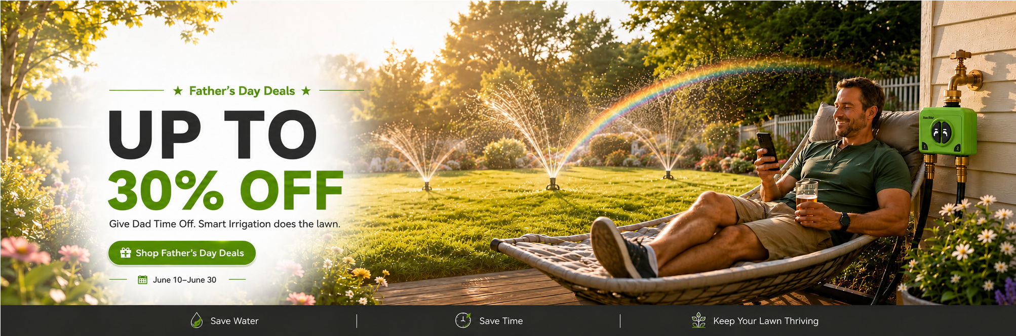 Man relaxing outdoors with sprinklers, promoting up to 30% off.