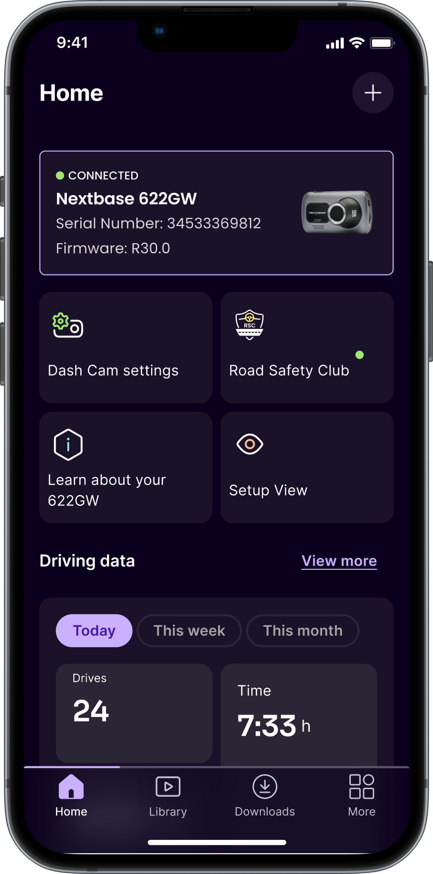 Mobile app interface displaying connected dash cam information and driving data.