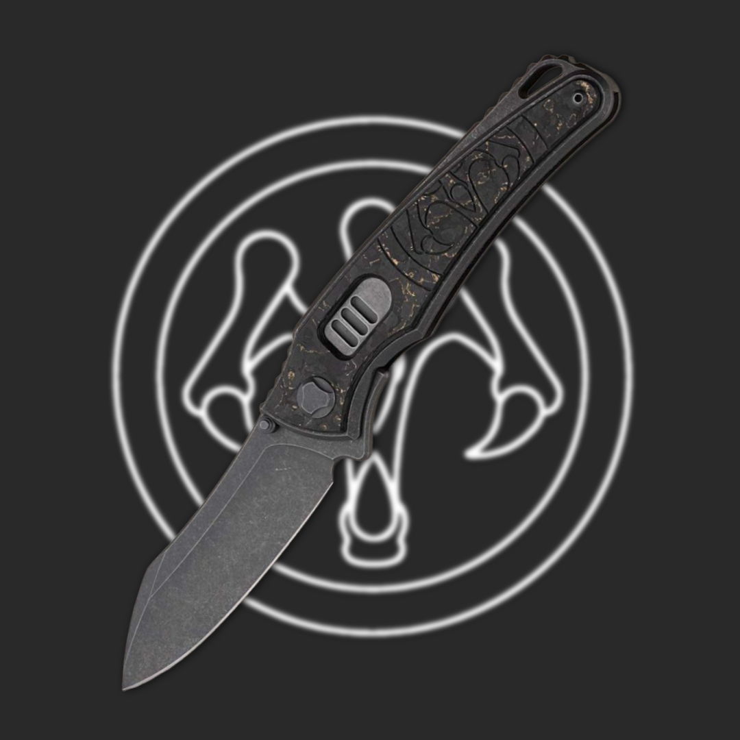 Black folding knife on a dark background with a circular logo.