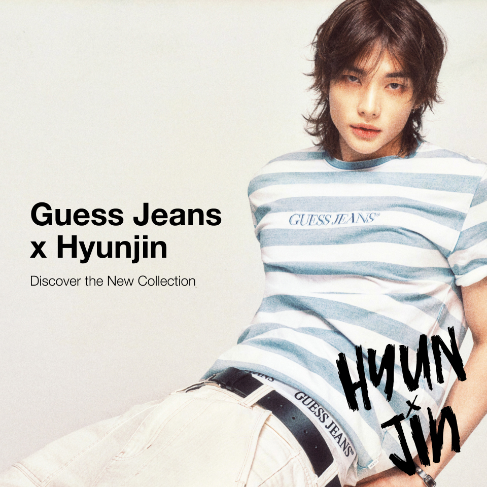 Guess Jeans x Hyunjin collection, wearing striped shirt.