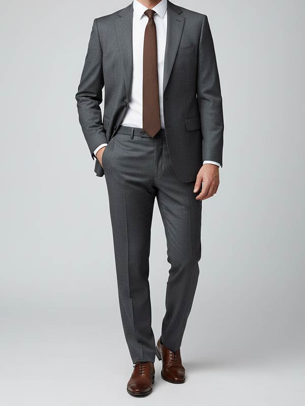 Man wearing a gray suit with a brown tie and brown shoes