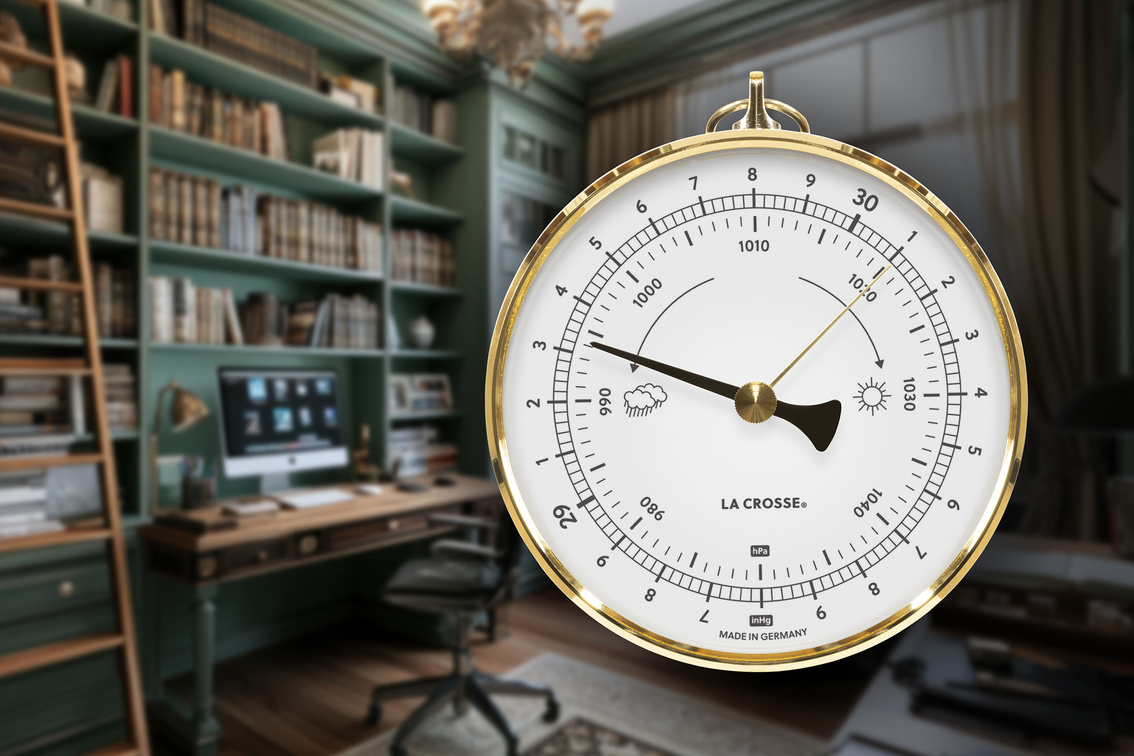 138-611B analog barometer in a cozy study with bookshelves and a desk.
