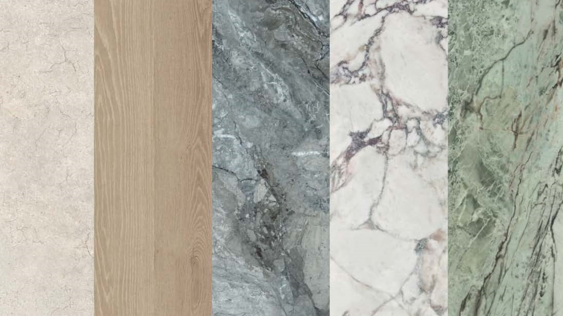 Various textures of stone and wood materials arranged side by side, showing the various Alluslate finishes available
