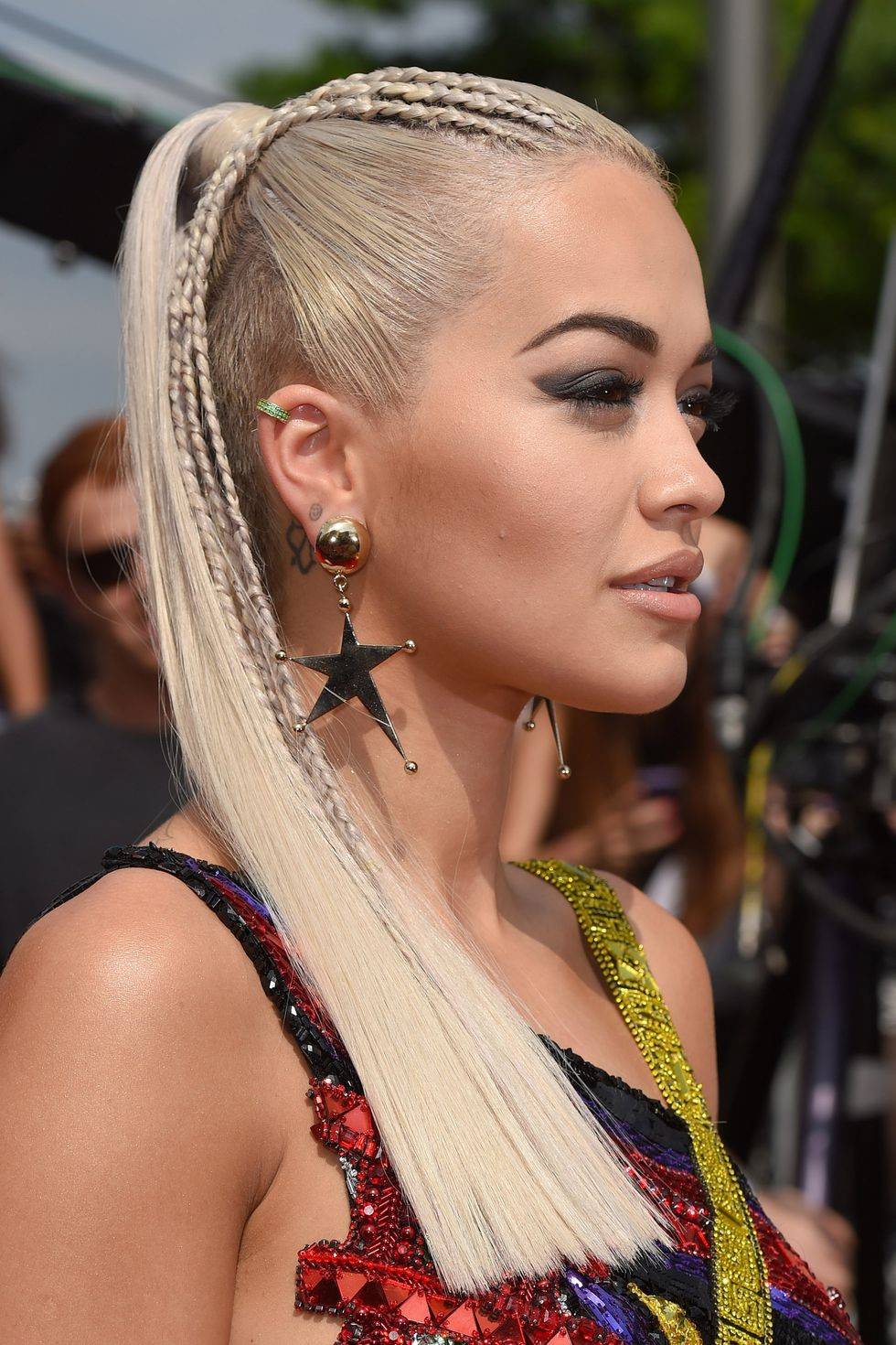 Rita Ora with a high ponytail and braids