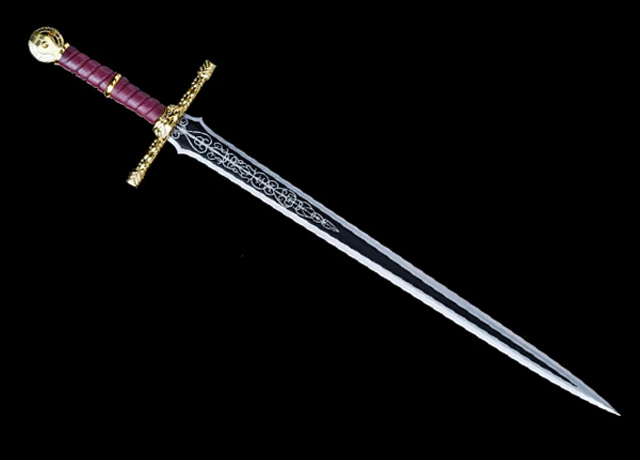 A decorative sword with a silver blade and ornate handle.