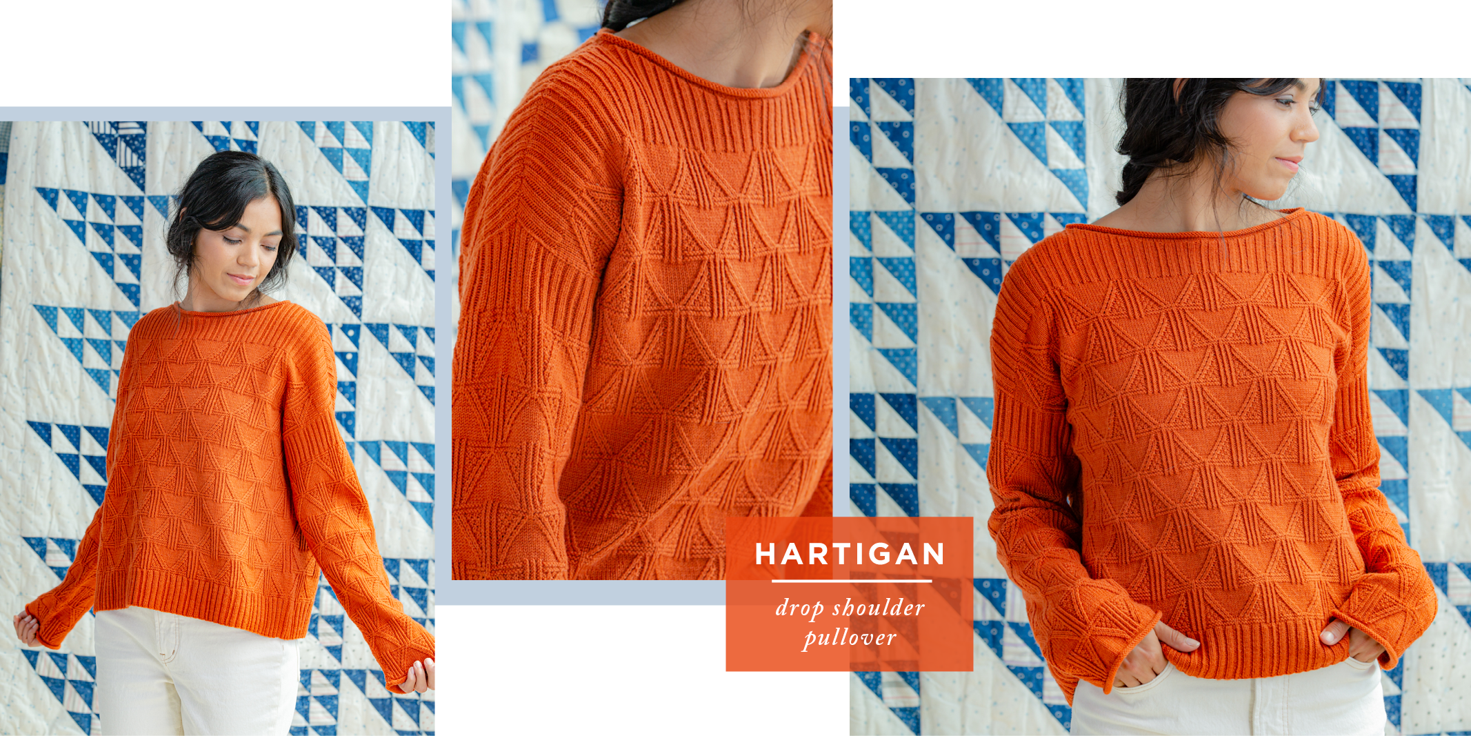 Three images showing front, sleeve and closer front views of Hartigan: drop shoulder pullover